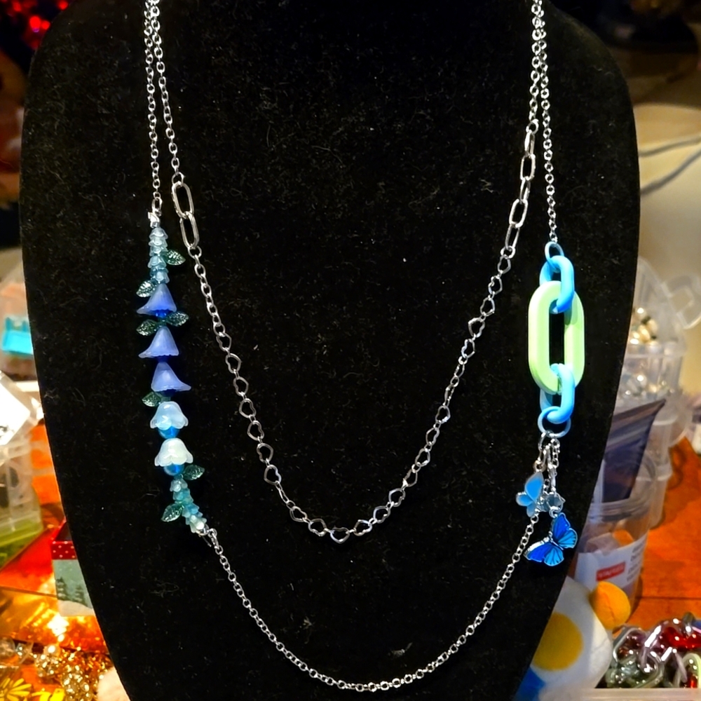 Double Chain Floral Necklace With Butterfly Charms